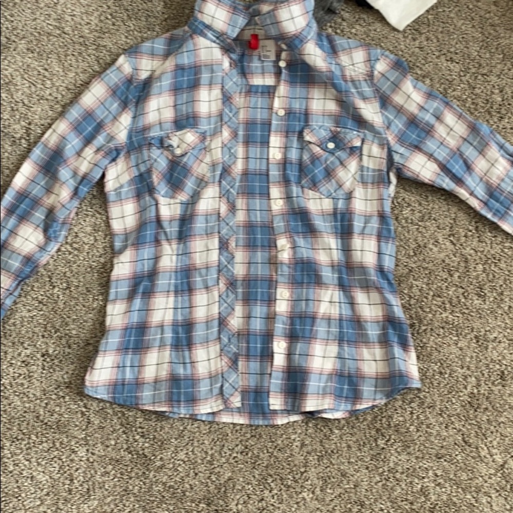 Blue, pink, and white plaid shirt